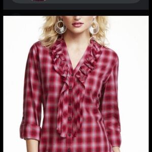 Express Red Checkered Ruffle Shirt
